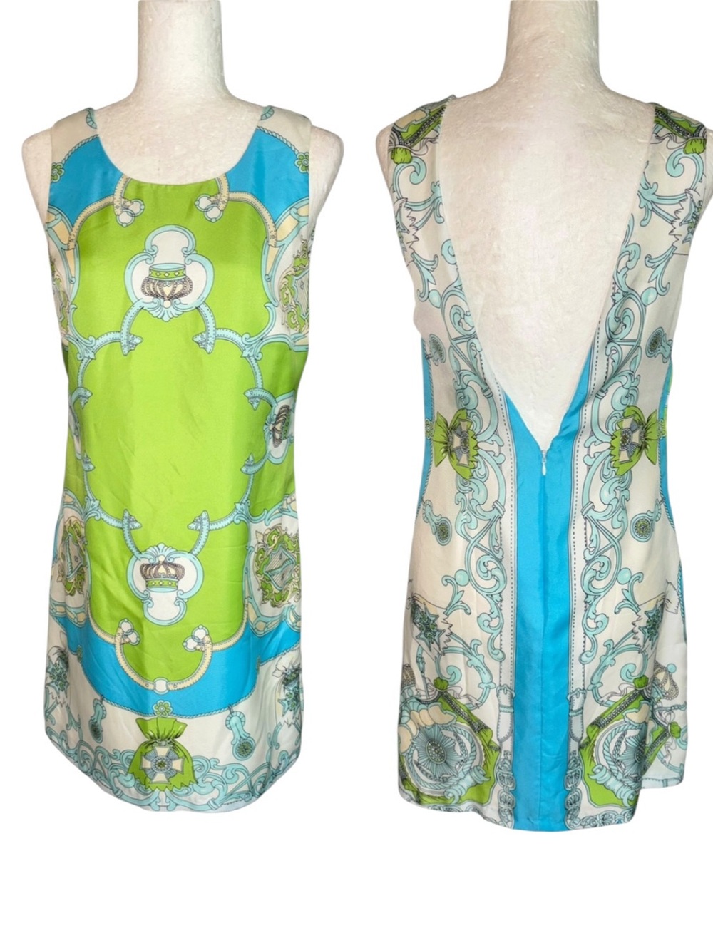 JB by Julie Brown Silk Aqua Blue Lime Green Crown Print Low Back Mini Dress - 2